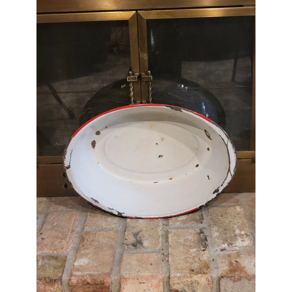 Vintage White/Red Oval Enamelware Basin Farmhouse Primitive Rustic Chippy Pan